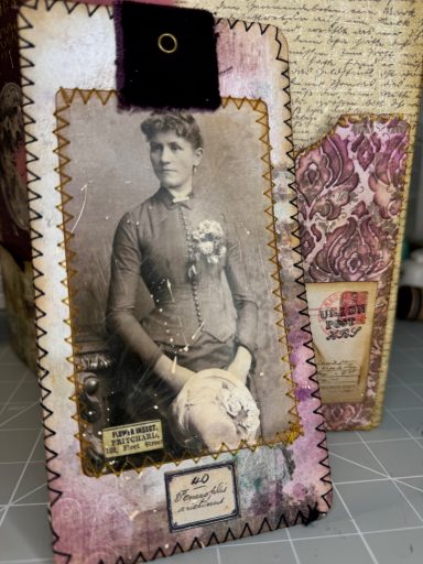 Vintage-Style journal Tag with black and white portrait of "Maud Undone" (woman), handmade collage with stitched edges, Golden Spine Studio